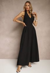 Czarna Rozkloszowana Sukienka Halter z Wiązaniem i Odkrytymi Plecami Senicce. Czarne sukienki damskie Renee, na imprezę, m, bez wzorów, eleganckie, bez kołnierzyka, bez ramiączek, maxi, rozkloszowane. Za 99.99 zł.