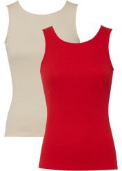 Top w prążek (2 szt.), bawełna organiczna. Czarne topy damskie bonprix, bez wzorów, z bawełny, bez kołnierzyka, bez ramiączek. Za 59.99 zł.
