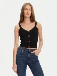 Guess Top W5YR10 Z0130 Czarny Regular Fit. Czarne topy damskie Guess, s, z aplikacjami, z syntetyku, bez kołnierzyka, bez ramiączek. Za 209.99 zł.