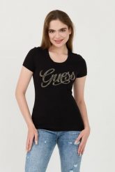 GUESS Czarny damski t-shirt Script, Rozmiar XS. Czarne t-shirty damskie Guess, xs, z aplikacjami, bez kołnierzyka, bez ramiączek. W wyprzedaży za 165.99 zł.
