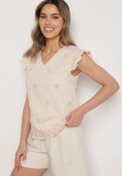 Beżowa Wiskozowa Bluzka z Lnem Zdobiona Haftem i Falbanami Neliorra. Brązowe bluzki damskie Born2be, l, z aplikacjami, z jeansu, eleganckie, bez kołnierzyka, bez ramiączek. Za 69.99 zł.