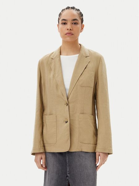 Tommy Hilfiger Marynarka Ess WW0WW44757 Beżowy Regular Fit. Brązowe marynarki i żakiety damskie Tommy Hilfiger, bez wzorów, ze lnu, bez kołnierzyka, bez ramiączek. Za 529.99 zł.