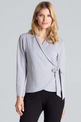 Szara Bluzka o Kopertowym Kroju Wiązana na Boku. Szare bluzki damskie Figl, l, bez wzorów, z elastanu, bez kołnierzyka, bez ramiączek. Za 209.00 zł.