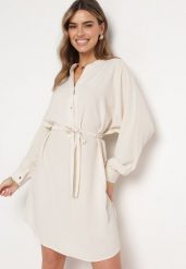 Beżowa Sukienka z Wiązaniem w Talii z Koszulową Górą Leandia. Brązowe sukienki damskie Born2be, na spotkanie biznesowe, l, bez wzorów, eleganckie, bez kołnierzyka, bez ramiączek, mini, koszulowe. Za 99.99 zł.