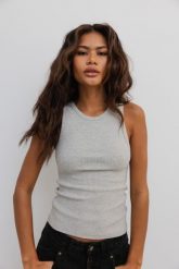 Top na ramiączkach w kolorze light GREY melange z prążkowanej dzianiny - ISLA-XL. Szare topy damskie Marsala, s, bez wzorów, z bawełny, bez kołnierzyka, bez ramiączek. Za 119.90 zł.