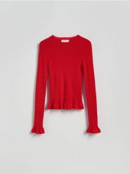 Sweter z dodatkiem wełny - czerwony. Czerwone swetry nierozpinane damskie Reserved, l, bez wzorów, z dzianiny, bez kołnierzyka, bez ramiączek. W wyprzedaży za 79.99 zł.