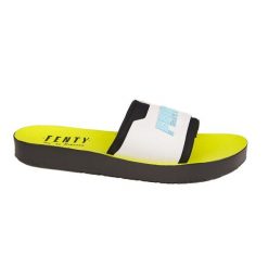 Fenty x Puma klapki, biało-neonowo-zielone, płaska podeszwa, bez zapięcia. Białe klapki damskie 187, bez wzorów, z materiału, bez zapięcia. Za 339.99 zł.