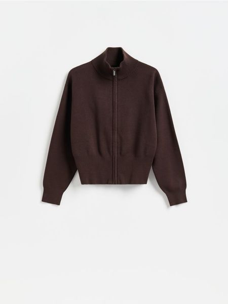 Rozpinany sweter - brązowy. Brązowe kardigany damskie Reserved, l, bez wzorów, z dzianiny, bez kołnierzyka. Za 139.99 zł.