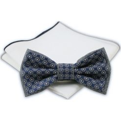 Granatowo-Szara Mucha + Poszetka - Chattier, Męska. Niebieskie krawaty i muchy Chattier, bez wzorów, eleganckie. Za 44.00 zł.