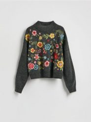 Wzorzysty sweter - ciemnoszary. Szare swetry nierozpinane damskie Reserved, l, bez wzorów, z dzianiny, bez kołnierzyka, bez ramiączek. Za 179.99 zł.