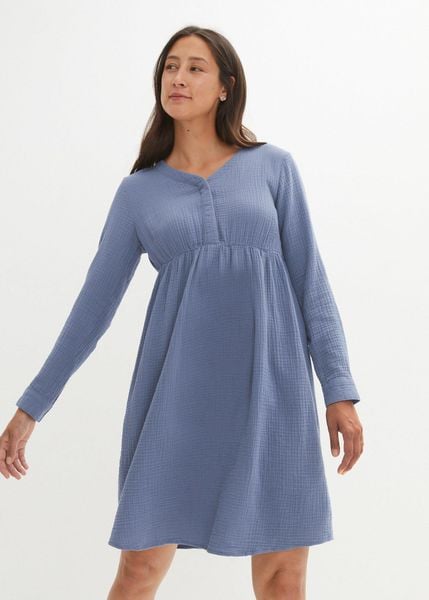 Sukienka ciążowa i do karmienia z muślinu. Niebieskie sukienki damskie bonprix, bez wzorów, bez kołnierzyka, moda ciążowa, bez ramiączek. Za 77.99 zł.