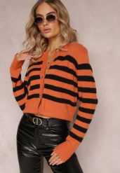 Pomarańczowy Luźny Krótki Kardigan Zapinany na Guziki w Paski Abburra. Brązowe kardigany damskie Renee, na jesień, bez wzorów, bez kołnierzyka. Za 84.99 zł.
