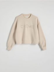 Bluza z haftem - beżowy. Brązowe bluzy damskie Reserved, l, bez wzorów, z dzianiny, bez ramiączek, bez kaptura. W wyprzedaży za 89.99 zł.