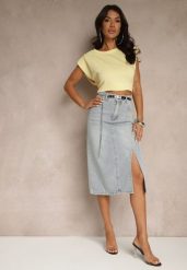 Jasnoniebieska Jeansowa Spódnica z Bawełny z Łańcuchem Lilurea. Niebieskie spódnice damskie Renee, na co dzień, l, bez wzorów, z bawełny, eleganckie, midi, koszulowe. Za 59.99 zł.