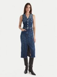 Guess Sukienka jeansowa W5BK40 D0615 Niebieski Regular Fit. Niebieskie sukienki damskie Guess, s, z aplikacjami, z bawełny, bez kołnierzyka, bez ramiączek. Za 399.99 zł.