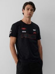 4F T-shirt slim z nadrukiem męski - czarny L. Czarne t-shirty męskie 4F, l, bez wzorów, z bawełny, bez kołnierzyka, bez ramiączek. Za 79.99 zł.