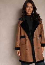 Brązowy Futerkowy Płaszcz Dwurzędowy z Kieszeniami i Szerokim Kołnierzem Sartelia. Brązowe płaszcze damskie Renee, bez wzorów, z jeansu, eleganckie, bez kołnierzyka, bez kaptura. Za 219.99 zł.