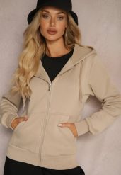 Ciemnobeżowa Casualowa Bluza z Dodatkiem Bawełny Zapinana na Suwak z Kapturem Arkatia. Brązowe bluzy damskie Renee, xl, bez wzorów, z bawełny, bez ramiączek, z kapturem. Za 69.99 zł.