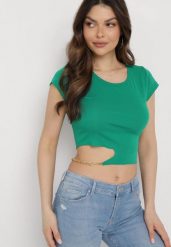 Zielony Bawełniany T-shirt z Asymetrycznym Wycięciem i Ozdobnym Łańcuszkiem Glitia. Zielone t-shirty damskie Born2be, m, bez wzorów, z bawełny, z asymetrycznym kołnierzem, bez ramiączek. Za 49.99 zł.