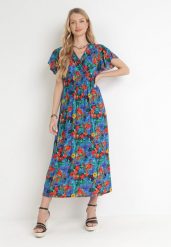 Niebieska Wiskozowa Sukienka Maxi w Kwiaty z Gumką w Talii i Kopertowym Dekoltem Trelline. Niebieskie sukienki damskie Born2be, l, bez wzorów, z wiskozy, bez kołnierzyka, bez ramiączek, maxi, kopertowe. Za 54.99 zł.