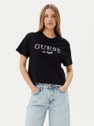 Guess T-Shirt V5GI09 K9RM1 Czarny Regular Fit. Czarne t-shirty damskie Guess, l, z aplikacjami, z bawełny, bez kołnierzyka, bez ramiączek. Za 79.99 zł.