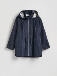 Kurtka parka z kapturem - granatowy. Niebieskie parki damskie Reserved, l, bez wzorów, z tkaniny, z kapturem. Za 179.99 zł.