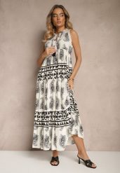 Czarna Rozkloszowana Sukienka z Wiskozy Wiązana pod Szyją w Print Paisley Nreadia. Czarne sukienki damskie Renee, m, bez wzorów, z materiału, bez kołnierzyka, bez ramiączek, maxi, rozkloszowane. Za 109.99 zł.