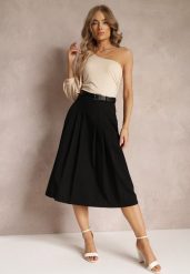 Czarna Spódnica Midi Trapezowa z Zakładkami i Paskiem ze Sprzączką Akiye. Czarne spódnice damskie Renee, m, bez wzorów, midi, trapezowe. Za 129.99 zł.