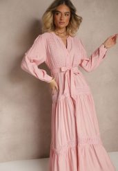 Różowa Wiskozowa Sukienka o Rozkloszowanym Kroju z Wiązanym Paskiem i Koronką Reisavien. Czerwone sukienki damskie Renee, na co dzień, l, bez wzorów, z koronki, eleganckie, bez kołnierzyka, bez ramiączek, maxi, rozkloszowane. Za 139.99 zł.