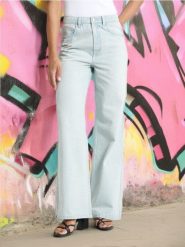 Jeansy wide leg high waist - turkusowy. Niebieskie jeansy damskie Sinsay, bez wzorów, z bawełny, z podwyższonym stanem. Za 42.99 zł.