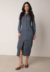 Niebieska Jeansowa Sukienka Koszulowa o Taliowanym Kroju Neveala. Niebieskie sukienki damskie Born2be, na co dzień, m, bez wzorów, z jeansu, klasyczne, bez kołnierzyka, bez ramiączek, maxi, koszulowe. Za 219.99 zł.