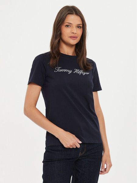 Tommy Hilfiger T-Shirt Script WW0WW43459 Granatowy Regular Fit. Niebieskie t-shirty damskie Tommy Hilfiger, l, bez wzorów, z bawełny, bez kołnierzyka, bez ramiączek. Za 109.99 zł.