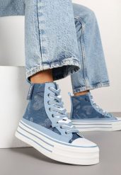Niebieskie Trampki z Jeansowego Materiału na Platformie Zorilea. Niebieskie obuwie sportowe damskie Born2be, bez wzorów, z jeansu, z okrągłym noskiem, bez zapięcia. Za 109.99 zł.