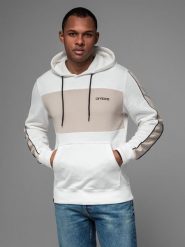 Męska bawełniana bluza z kapturem z kontrastującymi elementami - biała V1 OM-SSNZ-0225 L. Białe bluzy męskie Ombre, l, bez wzorów, z bawełny, z kapturem. Za 347.95 zł.