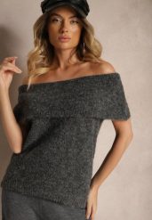 Ciemnoszary Sweter Top z Hiszpańskim Wywijanym Dekoltem z Wełną Inarose. Szare swetry nierozpinane damskie Renee, m, bez wzorów, z wełny, casualowe, bez kołnierzyka, bez ramiączek. Za 89.99 zł.