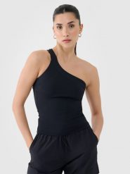 4F Crop-top slim z asymetrycznym ramiączkiem damski - czarny XS. Czarne topy damskie 4F, xs, bez wzorów, z dzianiny, sportowe, z asymetrycznym kołnierzem, bez ramiączek. W wyprzedaży za 19.99 zł.