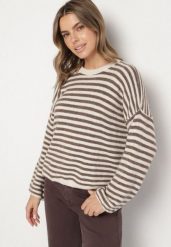 Jasnobeżowy Sweter Oversize w Paski z Dodatkiem Wełny i Wiskozy Tianalla. Brązowe swetry nierozpinane damskie Born2be, bez wzorów, z jeansu, eleganckie, bez kołnierzyka, bez ramiączek. Za 129.99 zł.