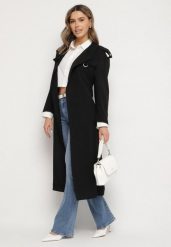 Czarny Płaszcz Trencz z Eleganckim Paskiem Mavinellea. Czarne płaszcze damskie Born2be, l, bez wzorów, z jeansu, eleganckie, bez kołnierzyka, bez kaptura. Za 269.99 zł.