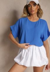 Niebieska Bluzka w Stylu Nietoperza Fadeasia. Niebieskie bluzki damskie Renee, l, bez wzorów, bez kołnierzyka, bez ramiączek. Za 44.99 zł.