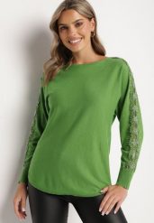 Zielony Sweter z Wiskozą Ozdobiony Cyrkoniami na Rękawach Reninna. Zielone swetry nierozpinane damskie Born2be, m, z aplikacjami, z jeansu, eleganckie, bez kołnierzyka, bez ramiączek. Za 89.99 zł.