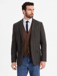 Męska elegancka marynarka w kratkę z domieszką wełny – ciemnobrązowa V3 - Rozmiar: M. Szare marynarki męskie Ombre Clothing, m, bez wzorów, z materiału, eleganckie, bez kołnierzyka, bez ramiączek. W wyprzedaży za 314.99 zł.