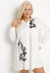 Biała Koszulowa Sukienka z Wiskozy Zdobiona Kwiatowym Haftem Nalilsa. Białe sukienki damskie Born2be, na co dzień, plus size, z aplikacjami, z wiskozy, eleganckie, bez kołnierzyka, plus size, bez ramiączek, mini, koszulowe. Za 99.99 zł.