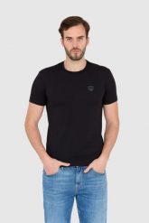 EA7 Czarna koszulka męska z naszywką z logo. Czarne t-shirty męskie EA7 Emporio Armani, m, z aplikacjami, bez kołnierzyka, bez ramiączek. W wyprzedaży za 287.99 zł.