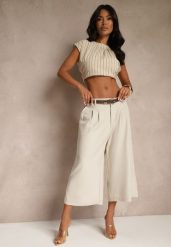 Jasnobeżowe Eleganckie Spodnie Typu Culottes Silunea. Brązowe spodnie materiałowe damskie Renee, bez wzorów, z jeansu, biznesowe. Za 89.99 zł.