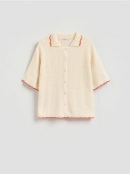 Sweter z krótkim rękawem - wielobarwny. Swetry nierozpinane damskie Reserved, l, bez wzorów, z bawełny, bez kołnierzyka, bez ramiączek. Za 129.99 zł.