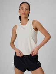 4F Top treningowy regular szybkoschnący damski - biały M. Białe topy damskie 4F, m, bez wzorów, z materiału, bez kołnierzyka, bez ramiączek. Za 99.99 zł.