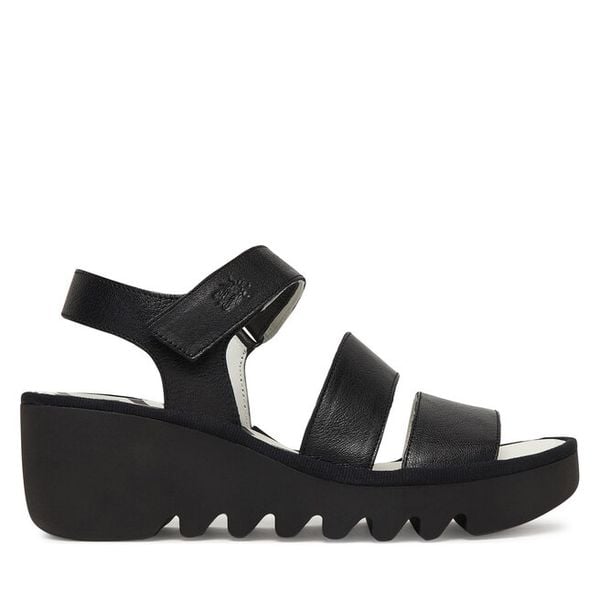 Sandały Fly London. Czarne sandały damskie Fly London, bez wzorów, bez obcasa, na koturnie, bez zapięcia. Za 349.99 zł.