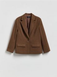 Marynarka z dodatkiem wełny - brązowy. Brązowe marynarki i żakiety damskie Reserved, bez wzorów, z tkaniny, bez kołnierzyka, bez ramiączek. Za 299.99 zł.