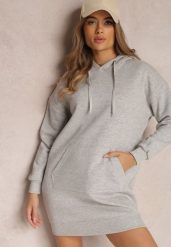 Jasnoszara Bluza Długa z Kapturem Firro. Szare bluzy damskie Renee, l, bez wzorów, z bawełny, casualowe, bez ramiączek, z kapturem. Za 89.99 zł.