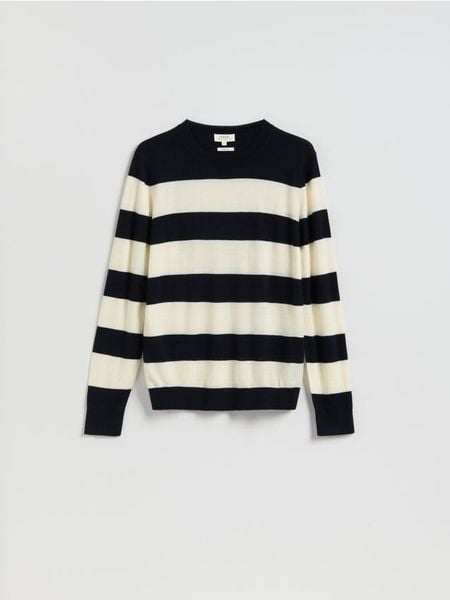 Sweter z wełny merino - granatowy. Niebieskie swetry męskie Reserved, l, bez wzorów, z wełny, bez kołnierzyka, bez ramiączek. Za 199.99 zł.